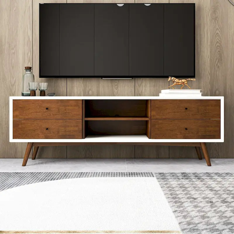 Meuble TV blanc de style mid-century original avec structure en bois massif et 6 placards de rangement, console TV moderne en noyer