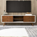 Meuble TV blanc de style mid-century original avec structure en bois massif et 6 placards de rangement, console TV moderne en noyer