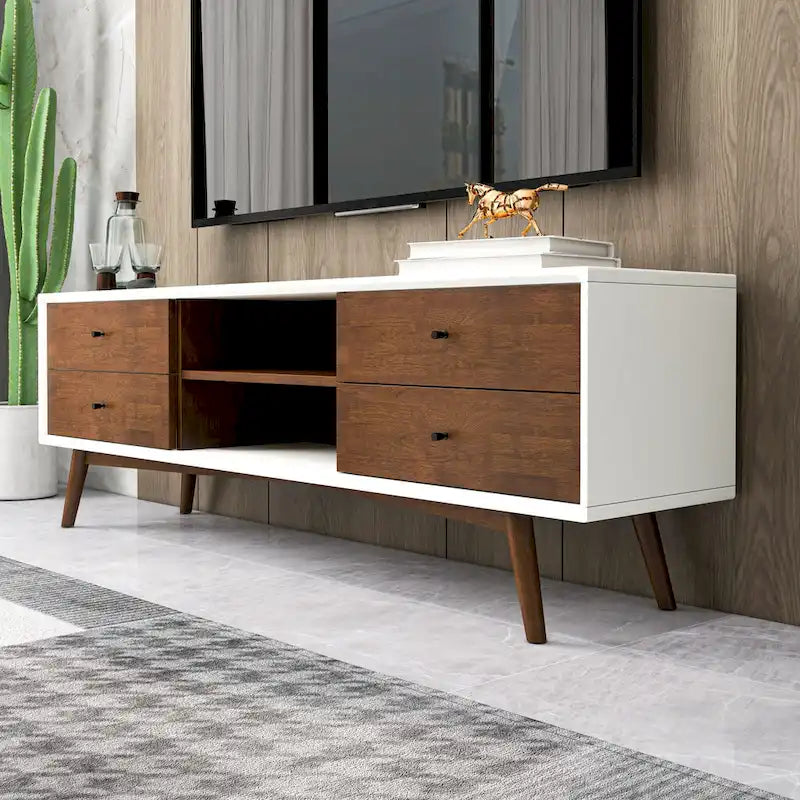 Meuble TV blanc de style mid-century original avec structure en bois massif et 6 placards de rangement, console TV moderne en noyer