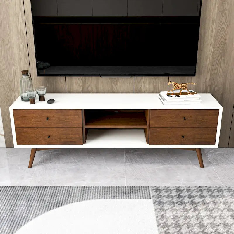 Meuble TV blanc de style mid-century original avec structure en bois massif et 6 placards de rangement, console TV moderne en noyer
