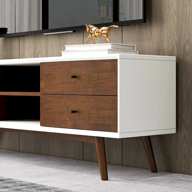 Meuble TV blanc de style mid-century original avec structure en bois massif et 6 placards de rangement, console TV moderne en noyer