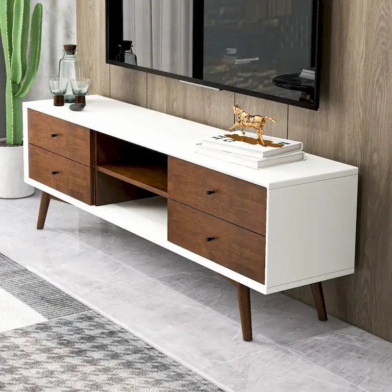Meuble TV blanc de style mid-century original avec structure en bois massif et 6 placards de rangement, console TV moderne en noyer