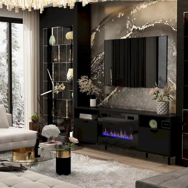 Stimmungsvoller elektrischer Kamin und robuster, energieeffizienter TV-Ständer