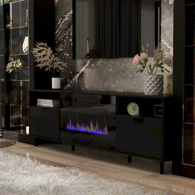 Stimmungsvoller elektrischer Kamin und robuster, energieeffizienter TV-Ständer