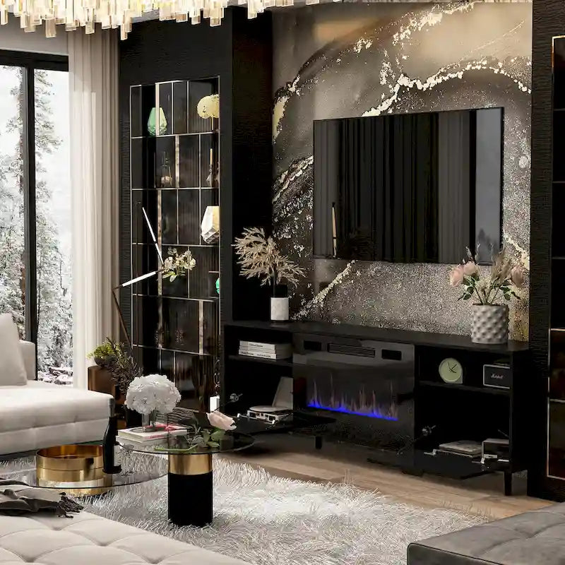 Stimmungsvoller elektrischer Kamin und robuster, energieeffizienter TV-Ständer
