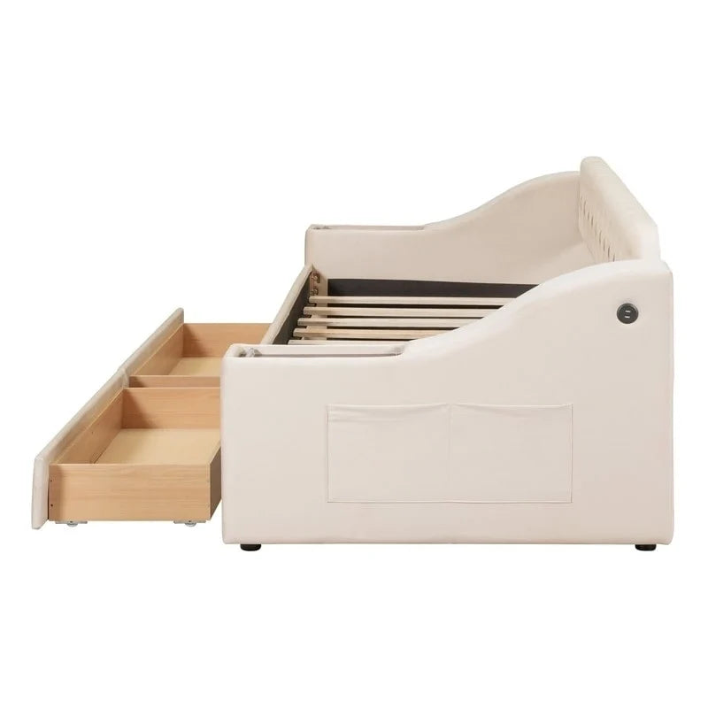 Upholstered Daybed with 2 Storage Drawers, Twin Size Daybed Frame with Storage Armrests and USB Port, Sofa Bed Frame for Bedroom