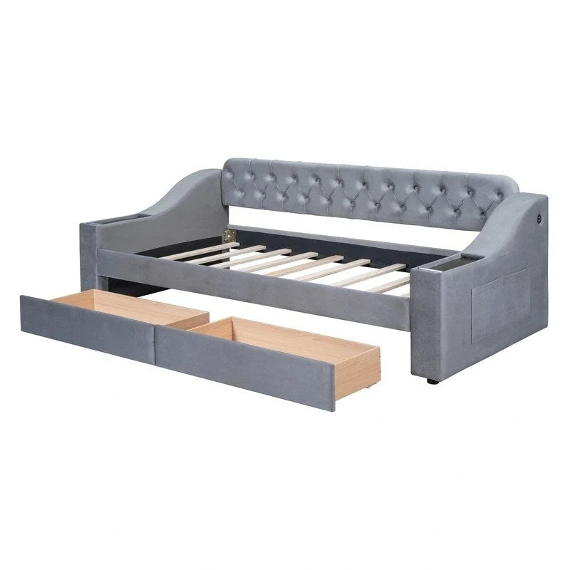 Upholstered Daybed with 2 Storage Drawers, Twin Size Daybed Frame with Storage Armrests and USB Port, Sofa Bed Frame for Bedroom