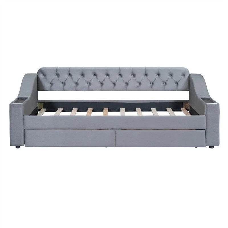 Upholstered Daybed with 2 Storage Drawers, Twin Size Daybed Frame with Storage Armrests and USB Port, Sofa Bed Frame for Bedroom