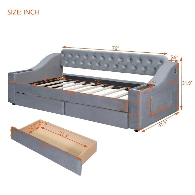 Upholstered Daybed with 2 Storage Drawers, Twin Size Daybed Frame with Storage Armrests and USB Port, Sofa Bed Frame for Bedroom