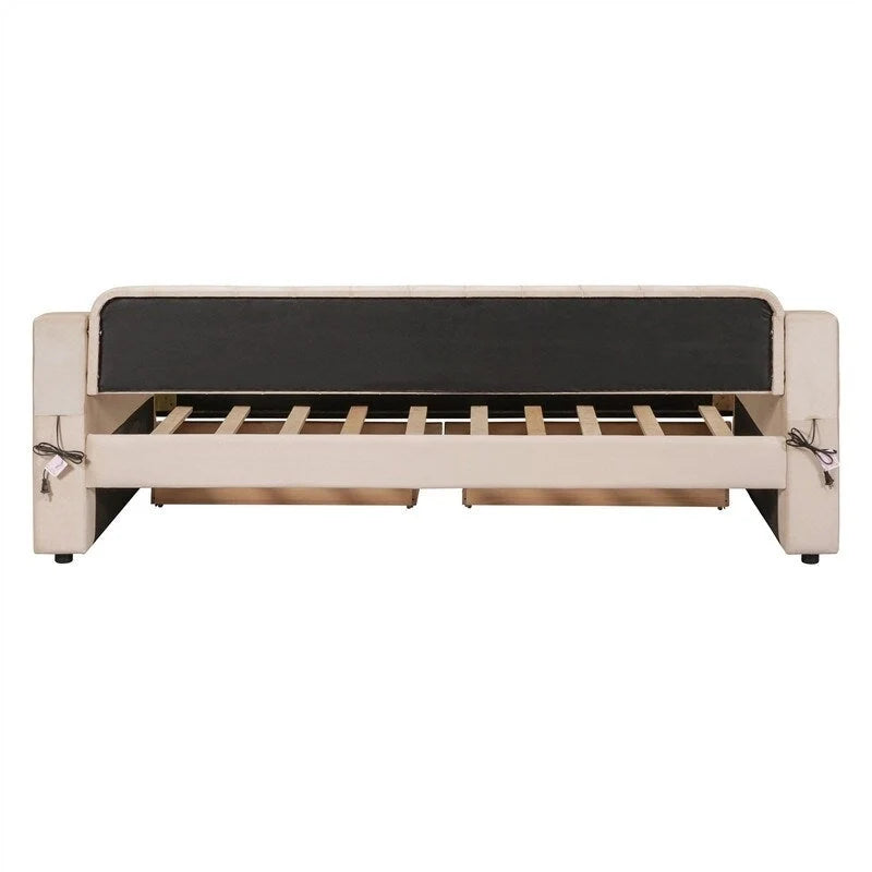 Upholstered Daybed with 2 Storage Drawers, Twin Size Daybed Frame with Storage Armrests and USB Port, Sofa Bed Frame for Bedroom