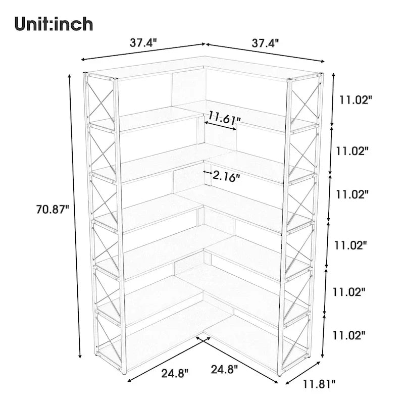 Eckbücherregal in L-Form mit 7 Ebenen