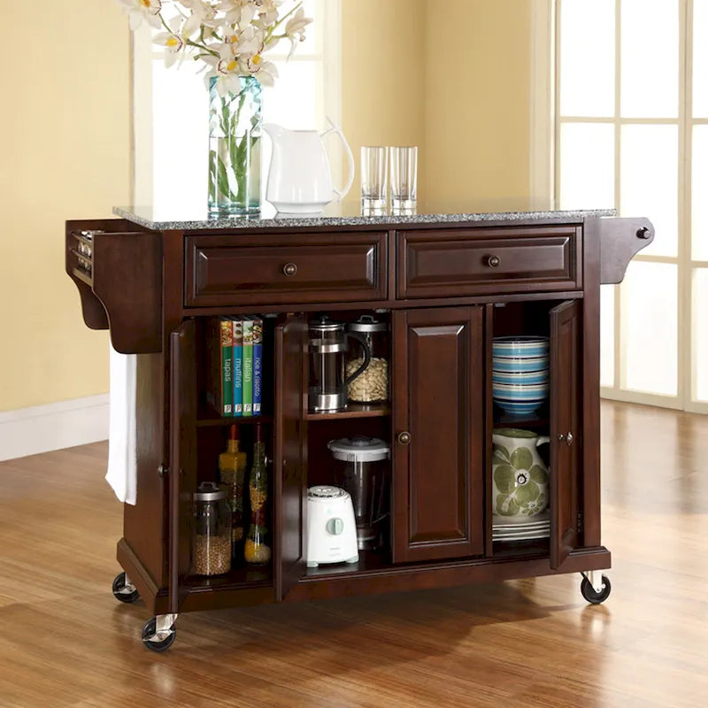 Desserte de cuisine grand format avec plateau en granit et finition acajou vintage - 18d x 51.5w x 36h