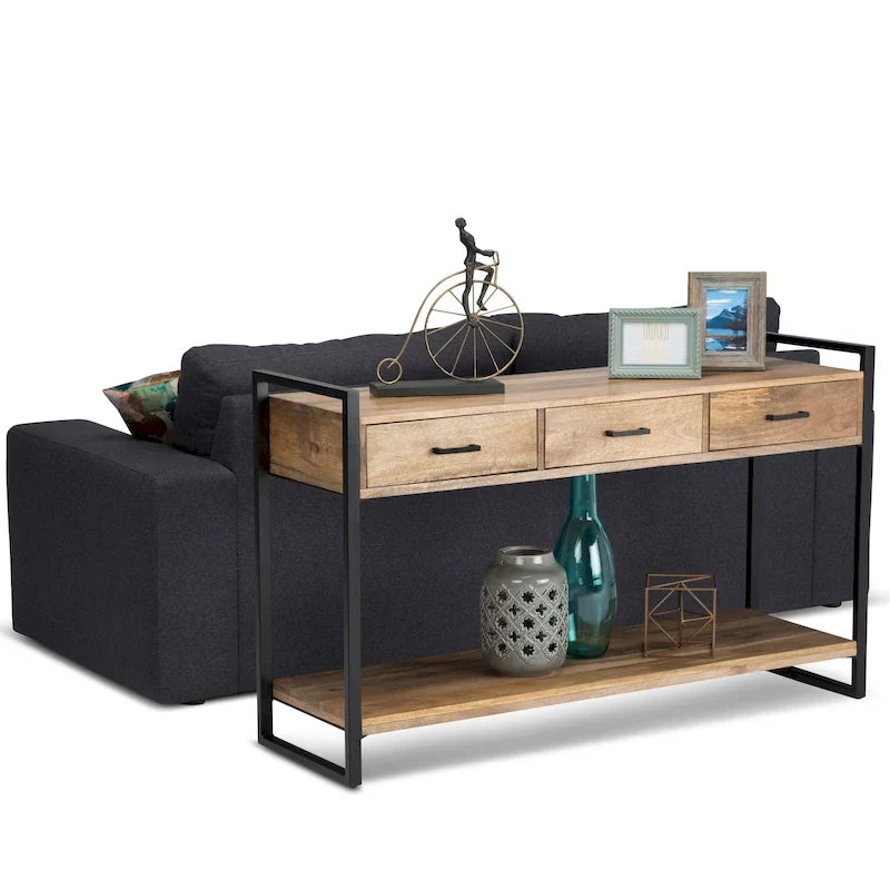 54 Zoll breiter Konsolentisch im modernen Industrial-Stil für Eingangsbereich oder Sofa, aus massivem Mangoholz und Metall gefertigt, natürliche Holzoptik — 55" W x 16" T x 32" H