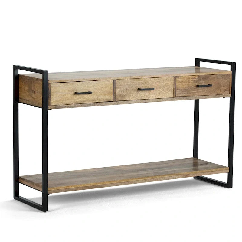 54-inch Wide Modern Industrial-Style Entryway/Sofa Table, Crafted from Solid Mango Wood and Metal, Natural Wood Finish — 55" W x 16" D x 32" H