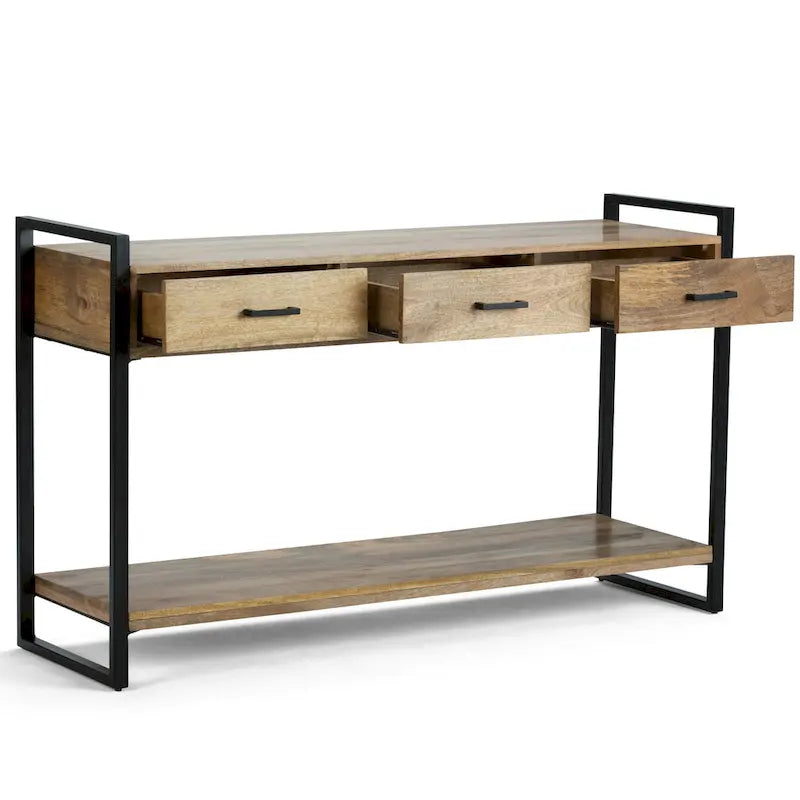 54 Zoll breiter Konsolentisch im modernen Industrial-Stil für Eingangsbereich oder Sofa, aus massivem Mangoholz und Metall gefertigt, natürliche Holzoptik — 55" W x 16" T x 32" H
