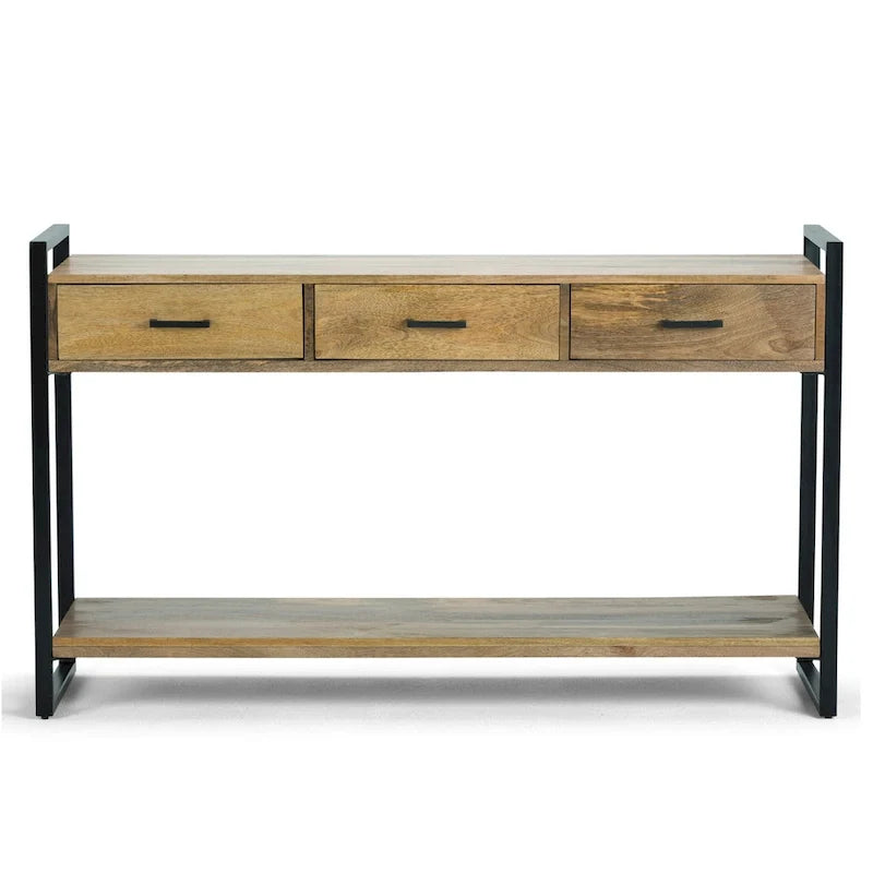 54-inch Wide Modern Industrial-Style Entryway/Sofa Table, Crafted from Solid Mango Wood and Metal, Natural Wood Finish — 55" W x 16" D x 32" H