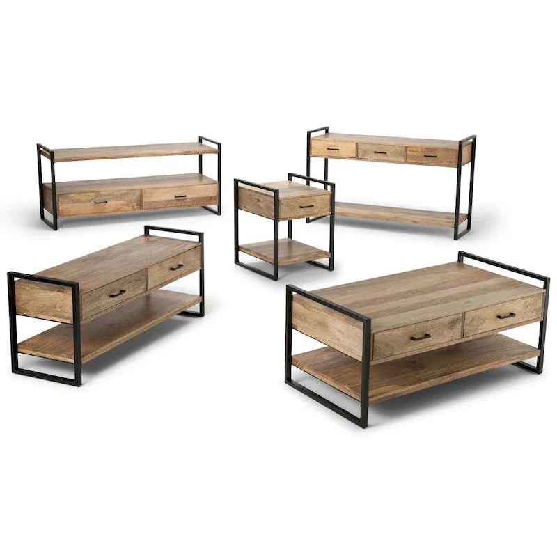 54-inch Wide Modern Industrial-Style Entryway/Sofa Table, Crafted from Solid Mango Wood and Metal, Natural Wood Finish — 55" W x 16" D x 32" H