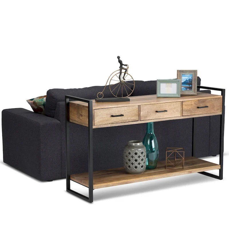 54-inch Wide Modern Industrial-Style Entryway/Sofa Table, Crafted from Solid Mango Wood and Metal, Natural Wood Finish — 55" W x 16" D x 32" H