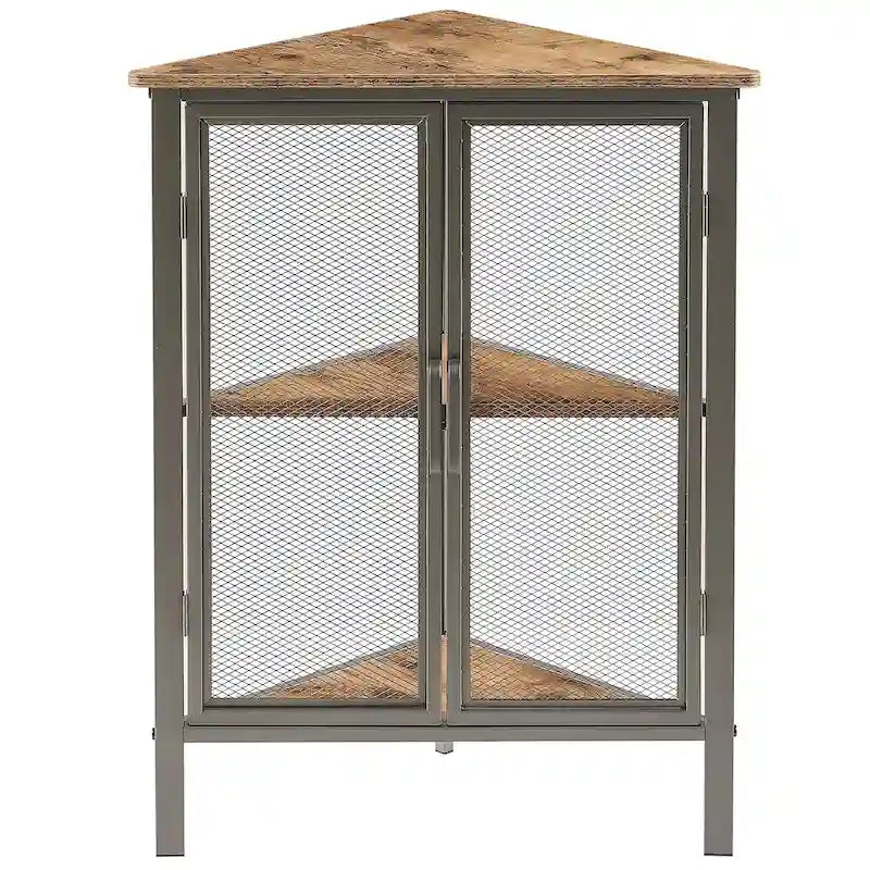 Table d'angle triangulaire industrielle avec meuble de rangement à double porte et étagère à 3 niveaux