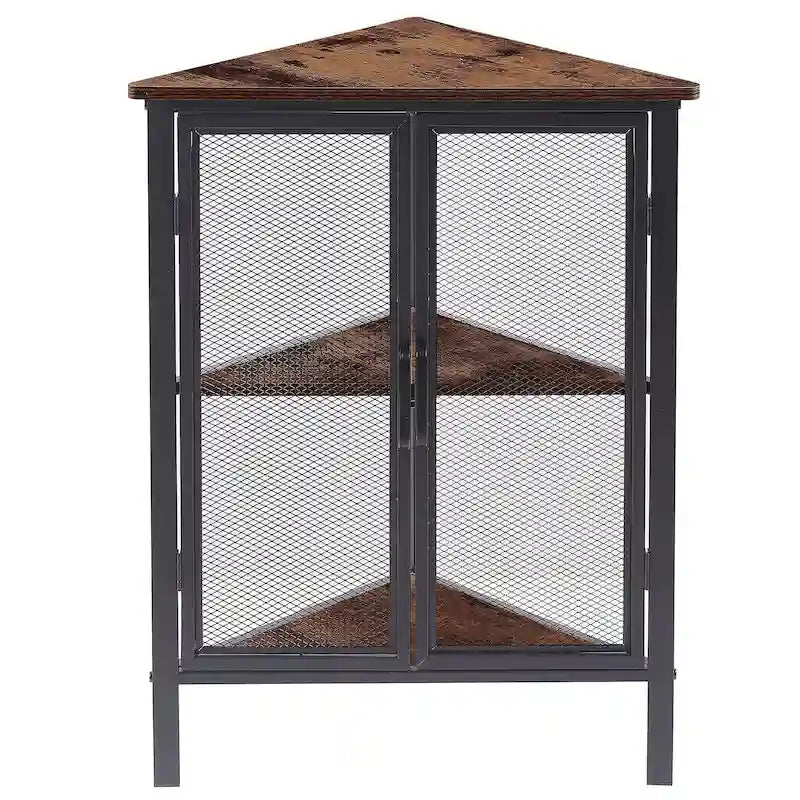 Table d'angle triangulaire industrielle avec meuble de rangement à double porte et étagère à 3 niveaux