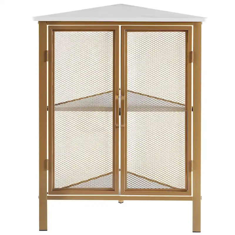 Table d'angle triangulaire industrielle avec meuble de rangement à double porte et étagère à 3 niveaux