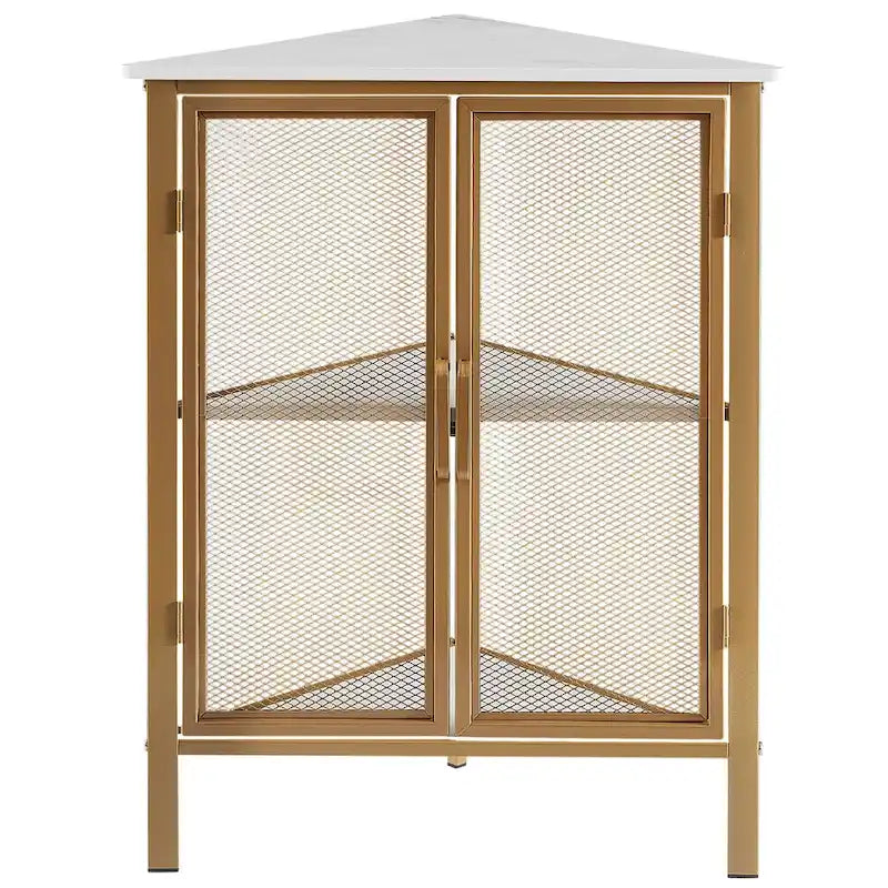 Mesa esquinera triangular industrial con armario de almacenamiento de dos puertas y estantes de 3 niveles