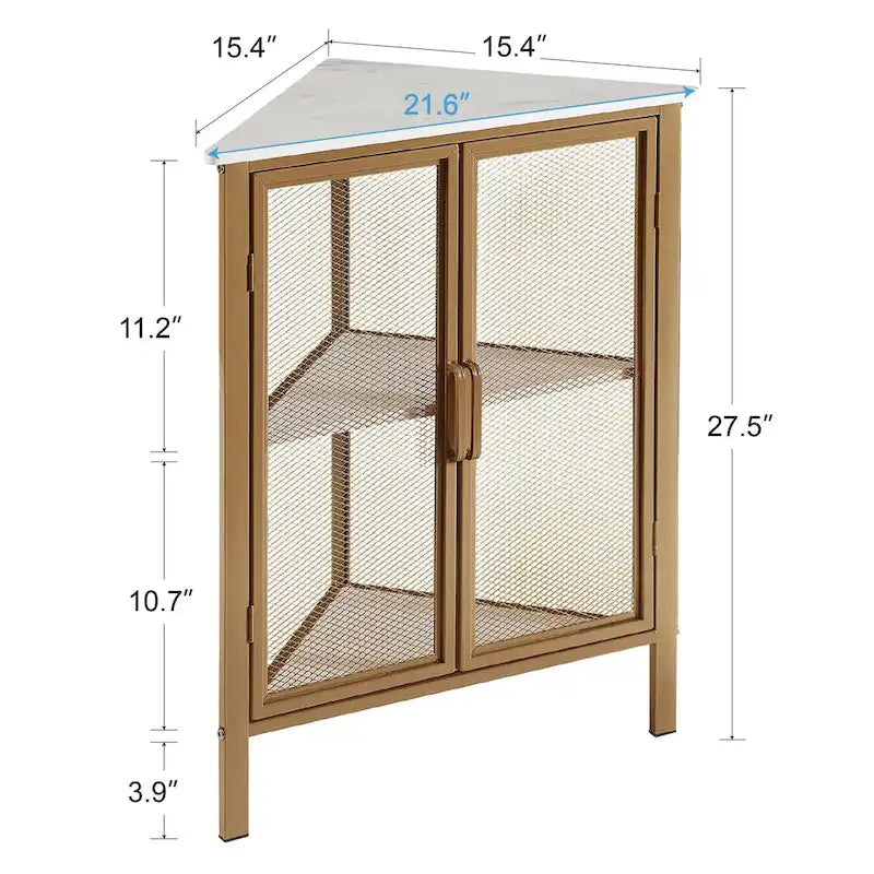 Mesa esquinera triangular industrial con armario de almacenamiento de dos puertas y estantes de 3 niveles