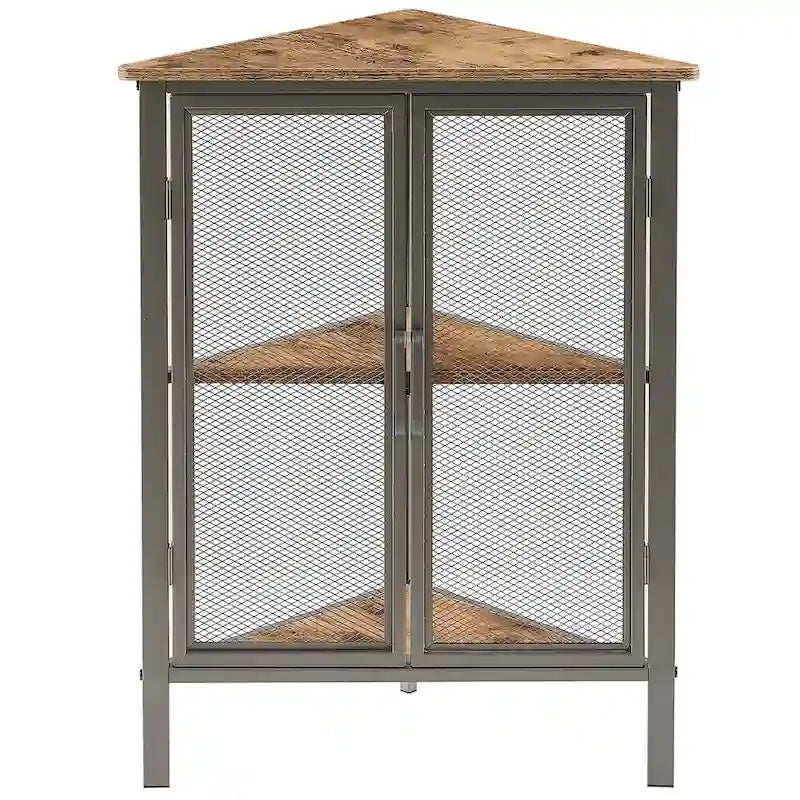 Mesa esquinera triangular industrial con armario de almacenamiento de dos puertas y estantes de 3 niveles