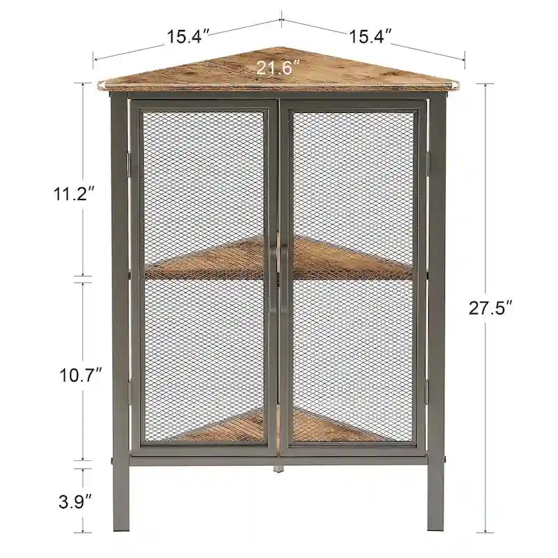 Mesa esquinera triangular industrial con armario de almacenamiento de dos puertas y estantes de 3 niveles
