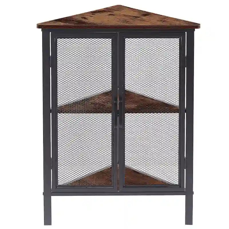 Mesa esquinera triangular industrial con armario de almacenamiento de dos puertas y estantes de 3 niveles