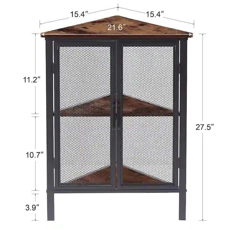 Mesa esquinera triangular industrial con armario de almacenamiento de dos puertas y estantes de 3 niveles