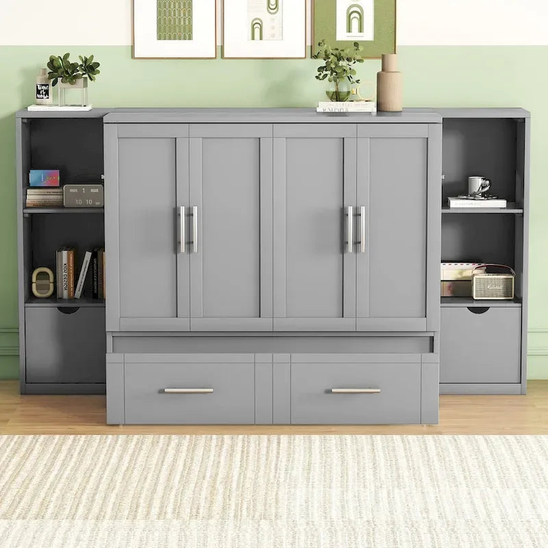 Lit escamotable format grand lit avec étagères, tiroirs et ports USB, gris