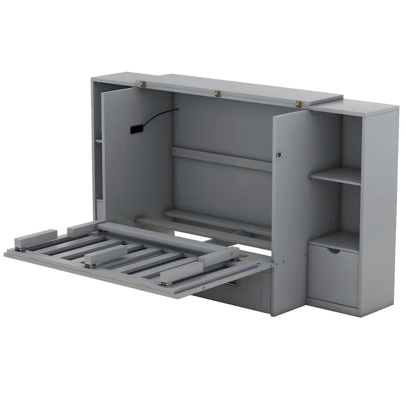 Lit escamotable format grand lit avec étagères, tiroirs et ports USB, gris
