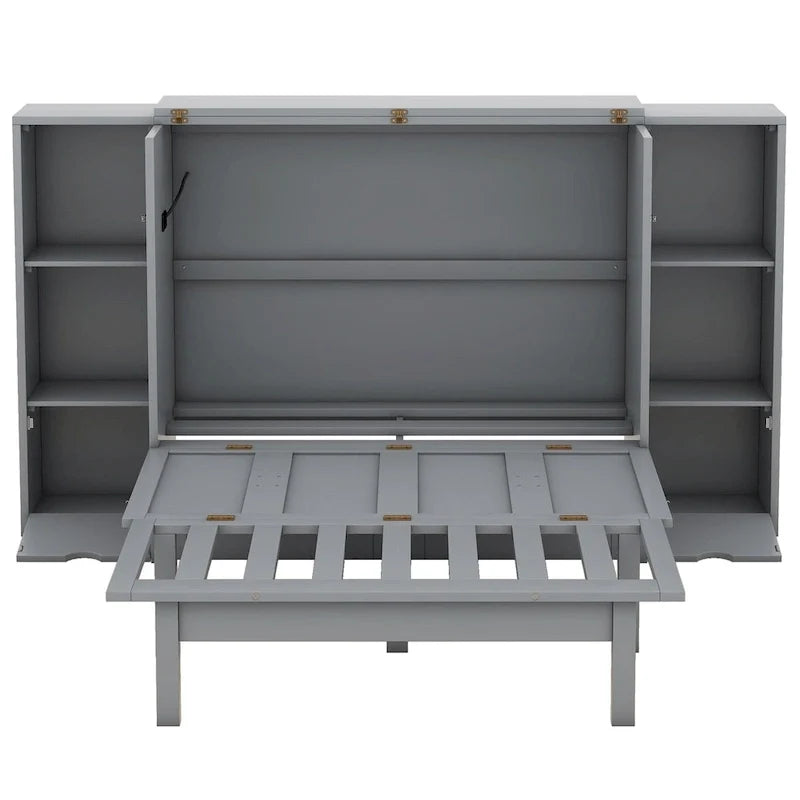 Queen Size Murphy Bed with Shelves, Drawers and USB Ports,Gray