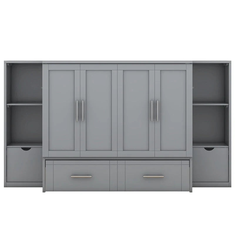 Queen Size Murphy Bed with Shelves, Drawers and USB Ports,Gray