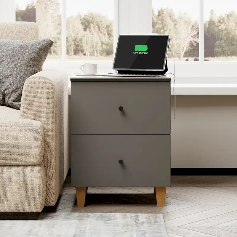 Table d’appoint avec station de recharge et 2 tiroirs pour le salon