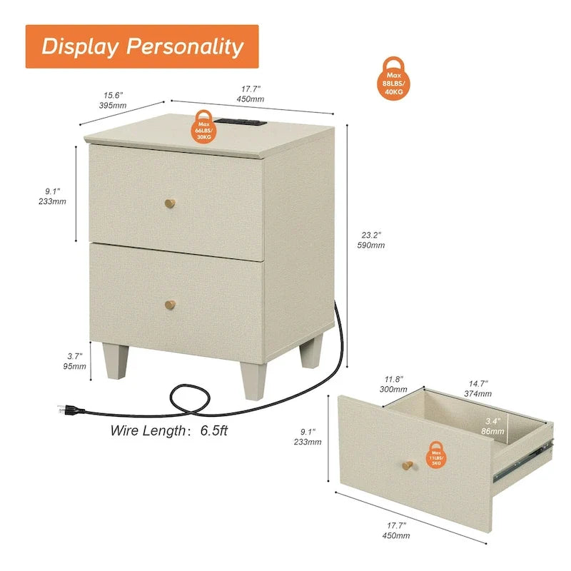 Table d’appoint avec station de recharge et 2 tiroirs pour le salon