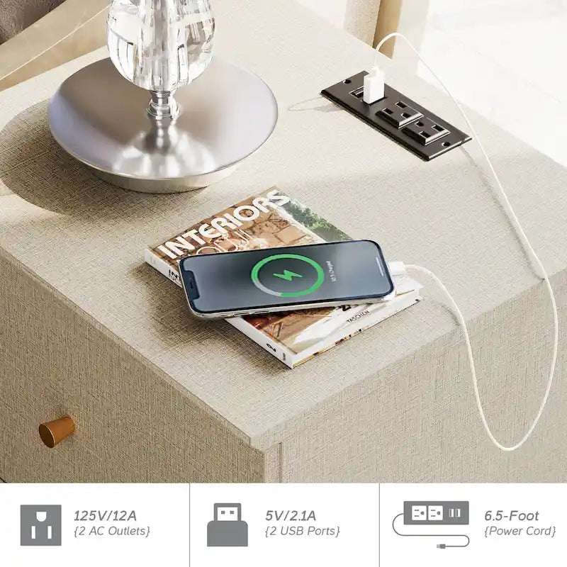 Table d’appoint avec station de recharge et 2 tiroirs pour le salon