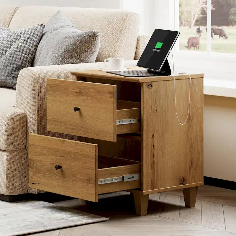Table d’appoint avec station de recharge et 2 tiroirs pour le salon