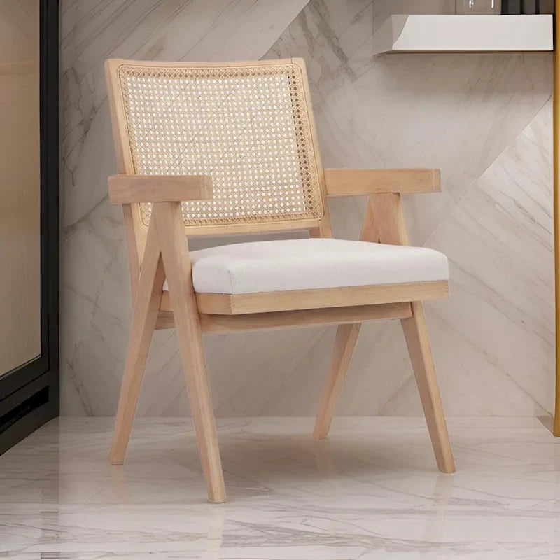Isha 24 Inch Armchair with Cane Back, Off White Velvet, Brown Wood Frame