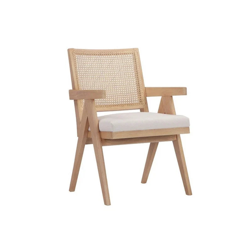 Sessel, 24 Zoll, mit Rückenlehne aus Rattan, cremeweißem Samtbezug und braunem Holzgestell