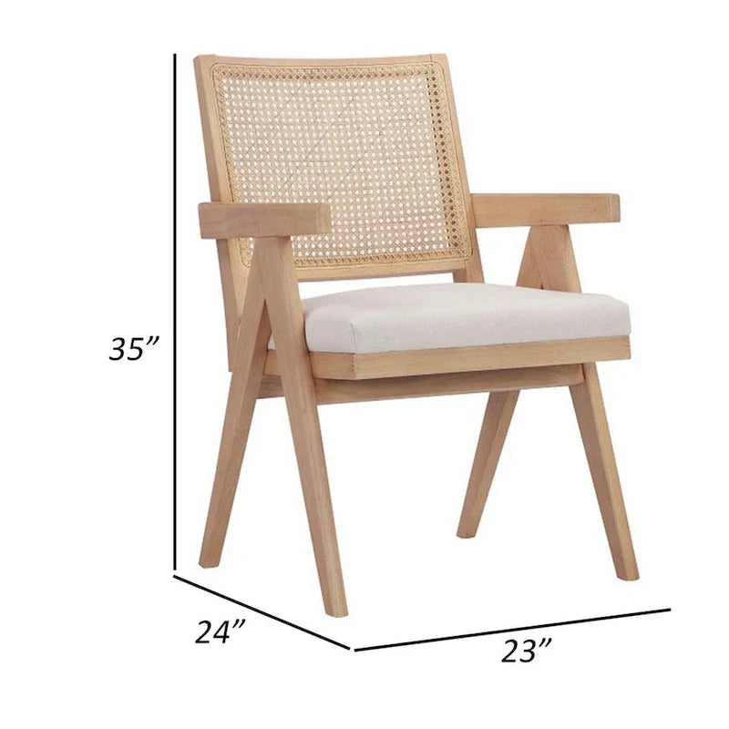 Sessel, 24 Zoll, mit Rückenlehne aus Rattan, cremeweißem Samtbezug und braunem Holzgestell
