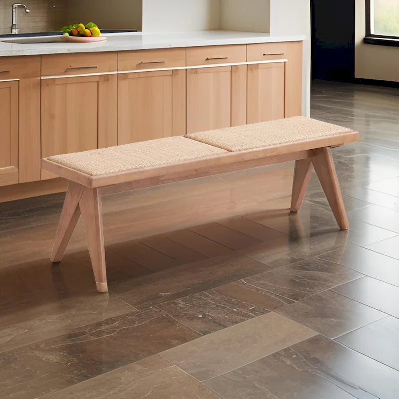 129,54 cm Esszimmerbank, Übergangsstil, geflochtenes Rattan, natürliches braunes Holz