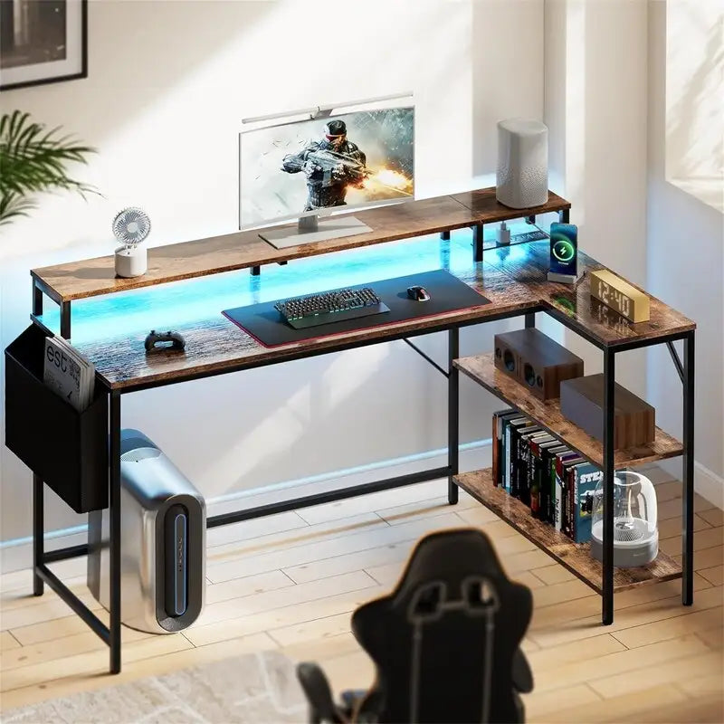 Bureau de gaming en forme de L avec éclairage LED