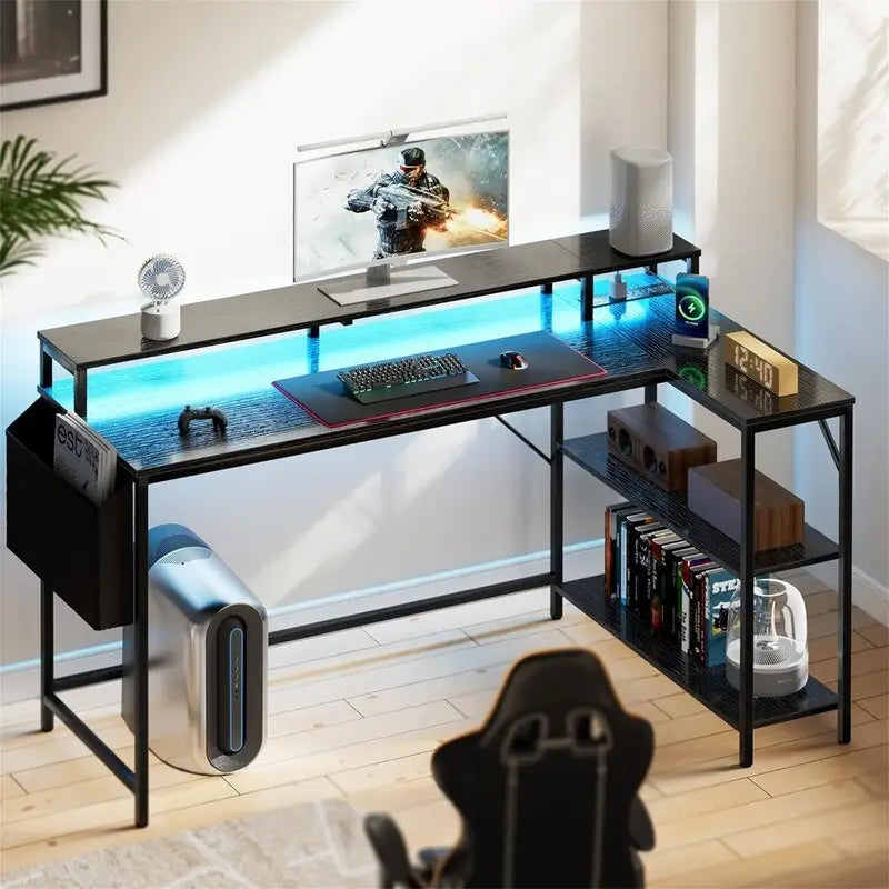 Bureau de gaming en forme de L avec éclairage LED