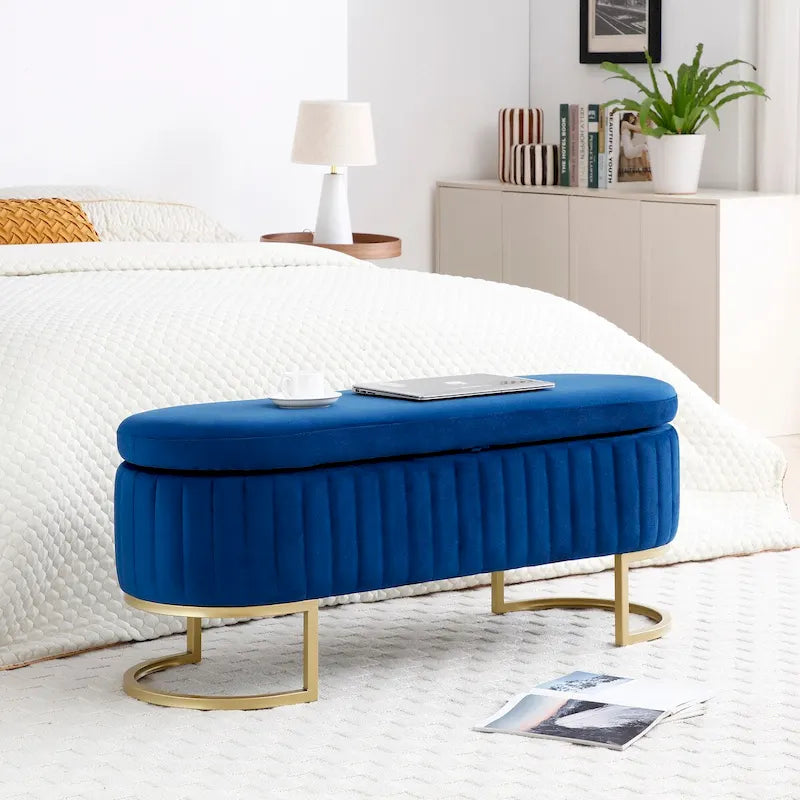 Banc de rangement pour chambre, banc de bout de lit ovale rembourré en velours avec pieds en métal doré, banc ottoman de rangement de 50