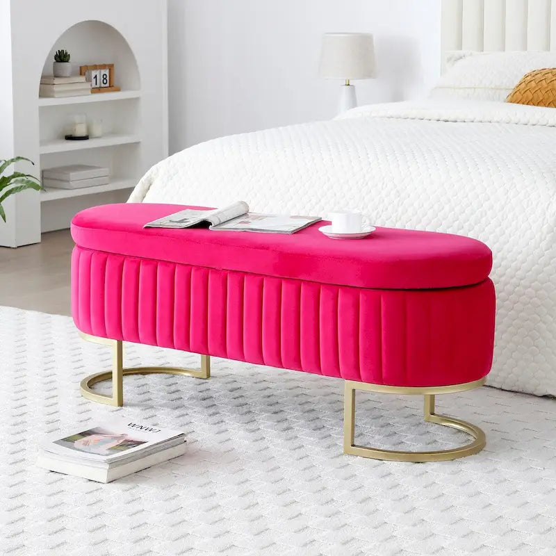 Banc de rangement pour chambre, banc de bout de lit ovale rembourré en velours avec pieds en métal doré, banc ottoman de rangement de 50