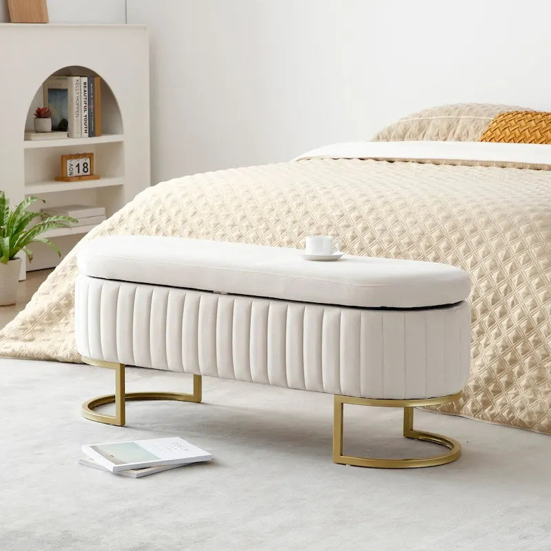 Banc de rangement pour chambre, banc de bout de lit ovale rembourré en velours avec pieds en métal doré, banc ottoman de rangement de 50