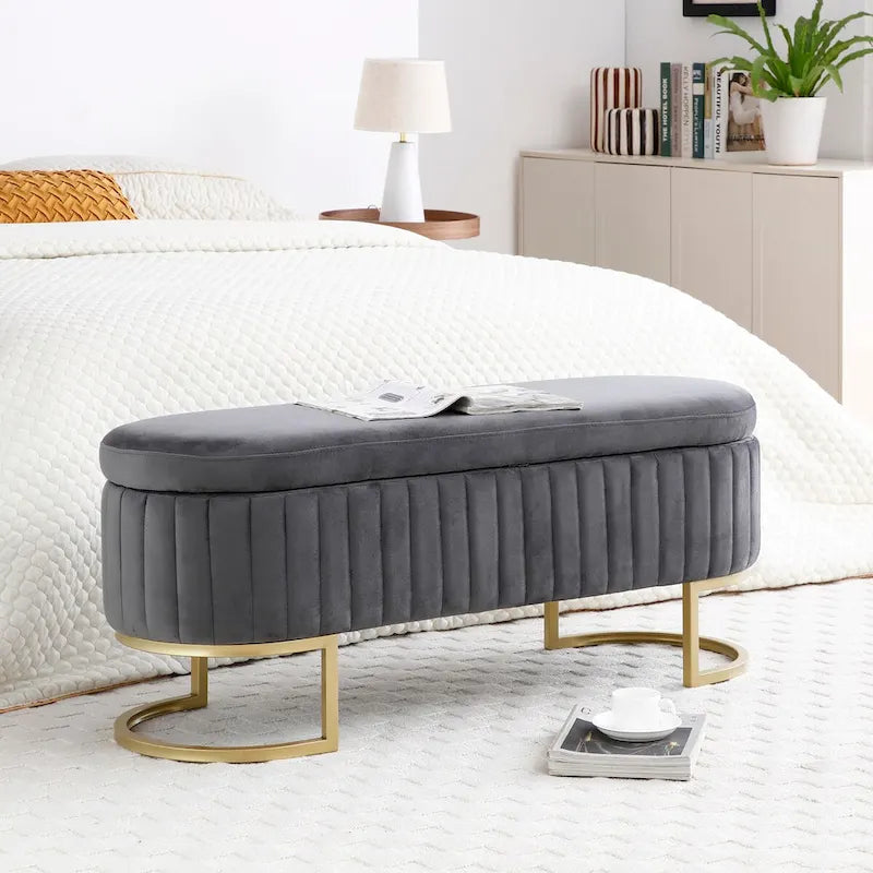 Banc de rangement pour chambre, banc de bout de lit ovale rembourré en velours avec pieds en métal doré, banc ottoman de rangement de 50