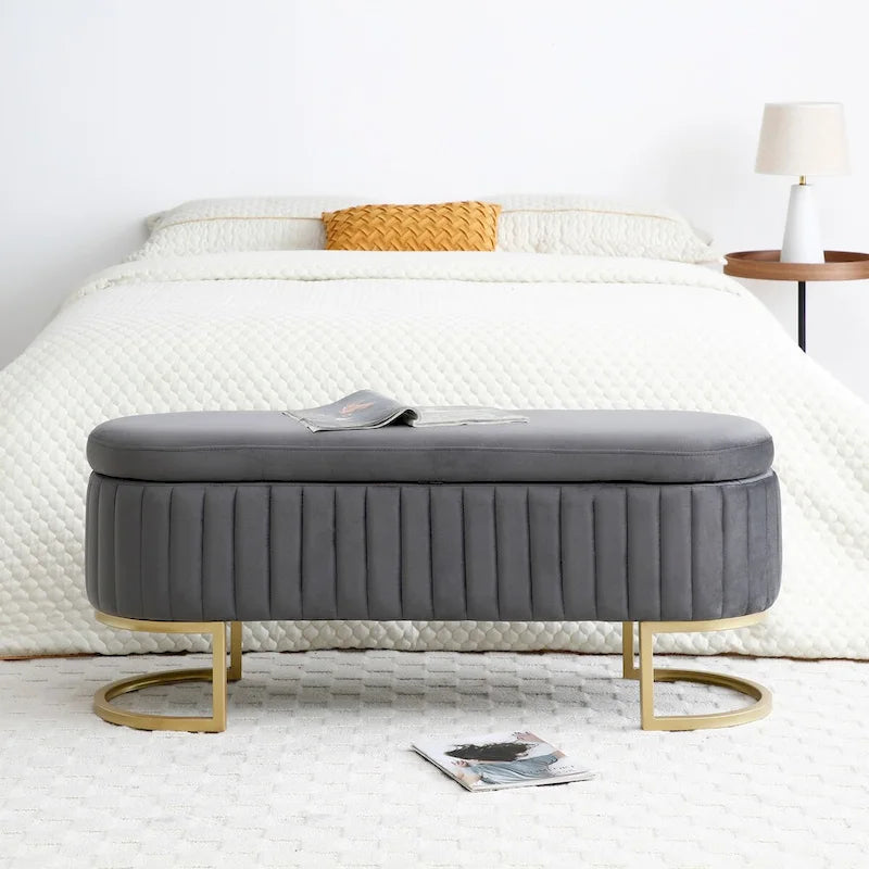 Banc de rangement pour chambre, banc de bout de lit ovale rembourré en velours avec pieds en métal doré, banc ottoman de rangement de 50